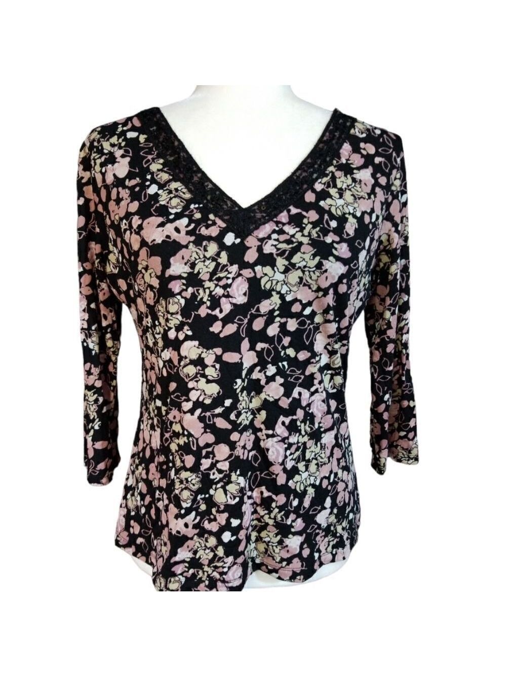 Style & Co Sequin Lace V-Neck 3/4 Sleeve Black and Pink Floral Top Size Large